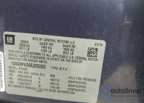 2014 GMC Acadia Sle-2 из США, поврежденный, VIN 1GKKRPKD9EJ265383